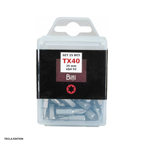 Seturi si accesorii pentru gaurit si insurubat - Set 25 biti TX40, 25 mm, otel S2, insurubeaza suruburile Torx (TX) fara ca bitul sa scape din cap la strangere