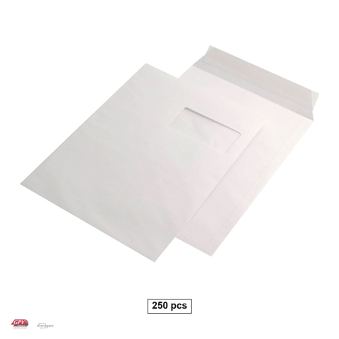 Plicuri - Set 250 plicuri C4 cu fereastra dreapta 50x100 mm GPV, 229x324 mm, hartie alba 100 g/mp, cu banda siliconata, deschidere pe latura mica, in cutie