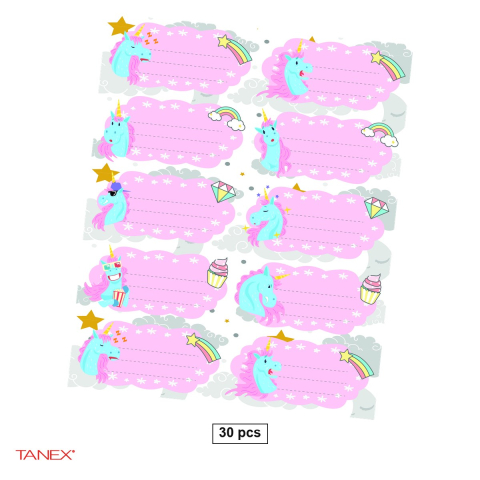 Birotica papetarie - Set 30 etichete scolare autoadezive TANEX Unicorni, TLS-727
