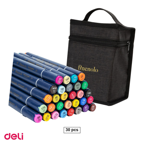 Birotica papetarie - Set 30 markere pentru schite Deli, varf dublu rotund si tesit, in husa textila