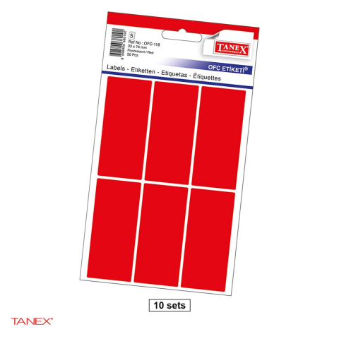 Birotica papetarie - Set 300 etichete autoadezive Tanex, dreptunghiulare cu colturi rotunjite, 33x74 mm, 10 seturi, rosii