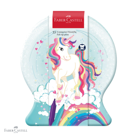 Birotica papetarie - Set 33 carioci Faber-Castell Connector, editie speciala Unicorni, cutie metalica, pentru copii