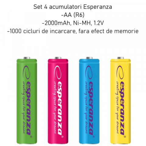 Set 4 acumulatori AA (R6) Esperanza 92344, 2000mAh, Ni-MH, 1.2V, reincarcabili, colorati [3]