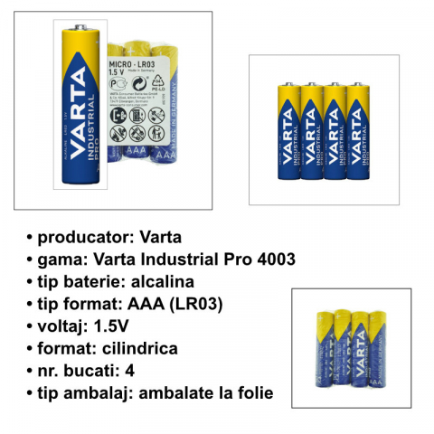 Set 4 baterii alcaline LR03, Varta Industrial Pro 35673, AAA, 1.5V, in folie [3]