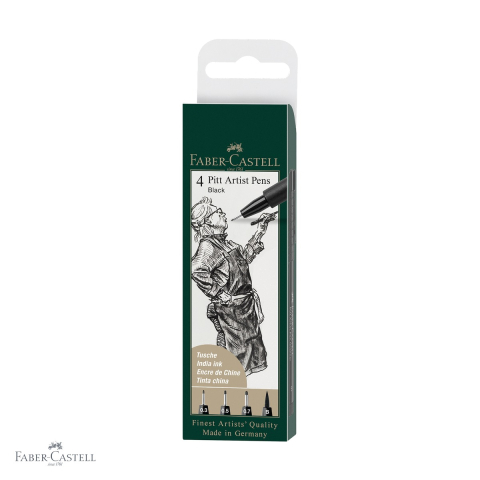Markere si instrumente de desen artistic - Set 4 markere Faber-Castell Pitt Artist Pen negru, cerneala rezistenta la apa, pentru schite si desen artistic