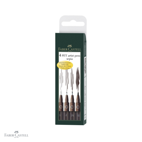 Markere si instrumente de desen artistic - Set 4 markere Faber-Castell Pitt Artist Pen sepia, cerneala rezistenta la apa, pentru schite si desen artistic