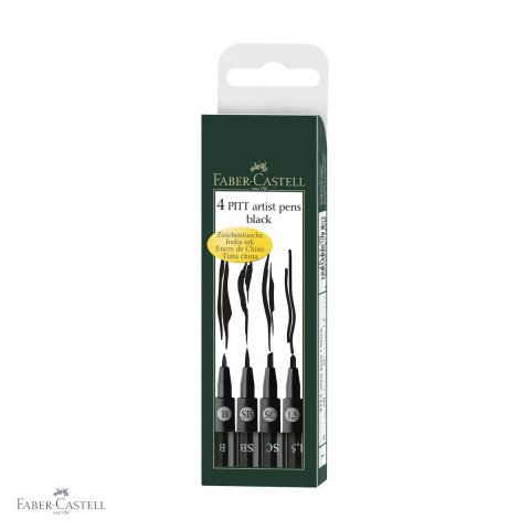 Markere si instrumente de desen artistic - Set 4 markere Pitt Artist Pen Faber-Castell, cerneala neagra rezistenta la apa, pentru schite si ilustratie
