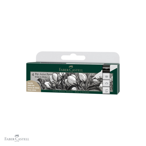 Markere si instrumente de desen artistic - Set 4 markere Pitt Artist Pen Faber-Castell, varf pensula si caligrafic, alb si negru, pentru ilustratie si design