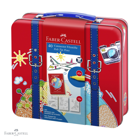 Birotica papetarie - Set 40 carioci Faber-Castell Connector, cutie metal tip valiza, cu clipsuri conectoare si carte de colorat