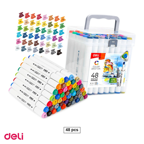 Birotica papetarie - Set 48 markere pentru schite Deli Color Emotion, varf dublu rotund 1 mm si tesit 7 mm, in cutie de plastic