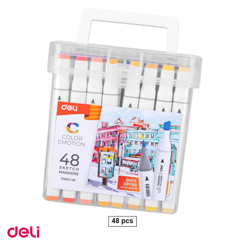 Birotica papetarie - Set 48 markere pentru schite Deli Sketch, varf dublu rotund 1 mm si tesit 7 mm, in cutie de plastic