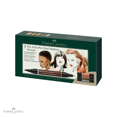 Markere - Set 5 markere duale Faber-Castell Pitt Artist Pen, varf pensula si liner, pentru portret si ilustratie