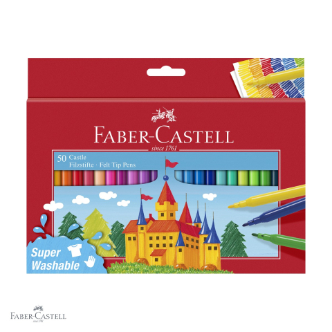 Birotica papetarie - Set 50 carioci Faber-Castell, varf subtire, cerneala pe baza de apa, pentru copii si scolari