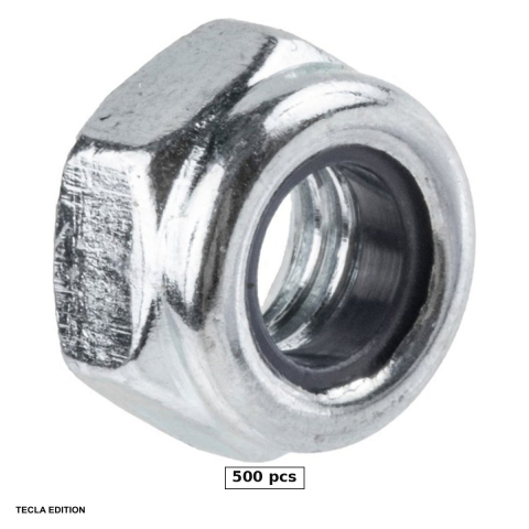 Suruburi, dibluri si accesorii prindere - Set 500 piulite autoblocante cu inel de nylon DIN 985, M6, cheie 10 mm, otel grad 6, zincate alb, impiedica piulita sa se desfaca singura la imbinarile care vibreaza