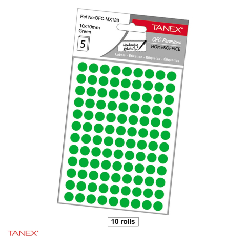 Birotica papetarie - Set 5400 etichete autoadezive rotunde Tanex, diametru 10 mm, 10 seturi, verzi