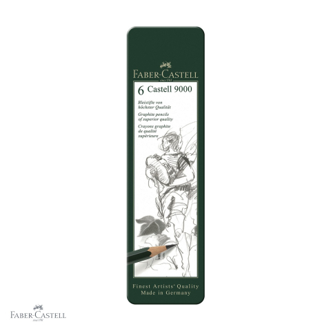 Creioane grafit - Set 6 creioane grafit Faber-Castell Castell 9000, duritate HB-8B, in cutie metalica, pentru desen si schite