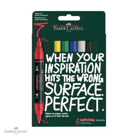 Markere - Set 6 markere acrilice Faber-Castell Multimark, varf dublu, culori de baza, pentru multiple suprafete