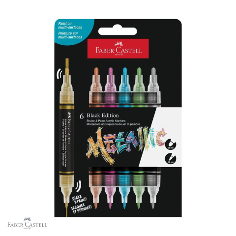 Markere - Set 6 markere acrilice Faber-Castell Shake&Paint, culori metalizate, varf dublu, pentru diverse suprafete