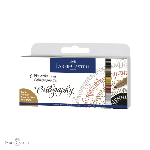 Markere si instrumente de desen artistic - Set 6 markere caligrafice Faber-Castell Pitt Artist Pen, varf caligrafic 2.5 mm, cerneala pigmentata rezistenta la apa