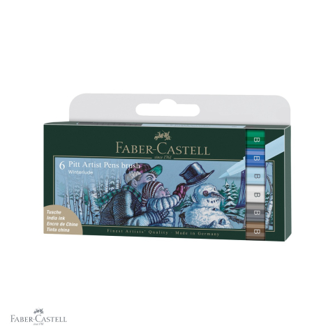 Markere si instrumente de desen artistic - Set 6 markere cu pensula Pitt Artist Pen Faber-Castell, culori iarna 2022, cerneala rezistenta la apa