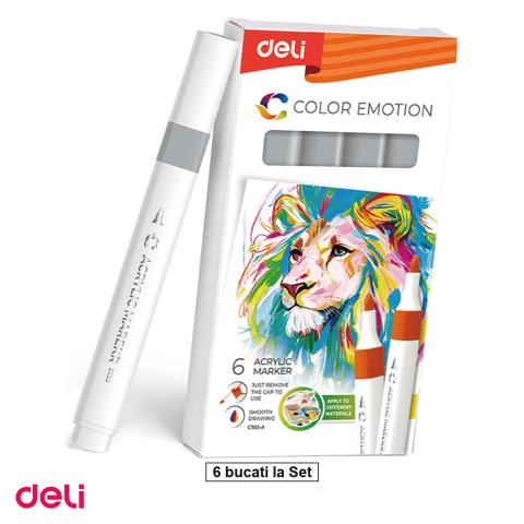 Handmade Creativ si Hobby - Set 6 markere cu varf rotund, Deli, acrilic color emotion, scris gri