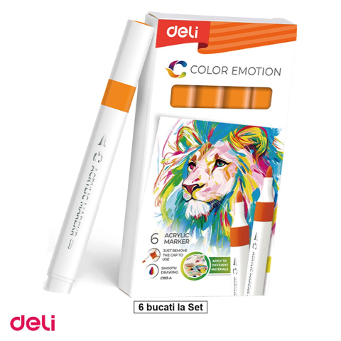 Handmade Creativ si Hobby - Set 6 markere cu varf rotund, Deli, acrilic color emotion, scris portocaliu
