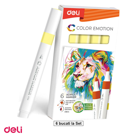 Birotica papetarie - Set 6 markere cu varf rotund, Deli, acrilic lamaie color emotion, scris galben