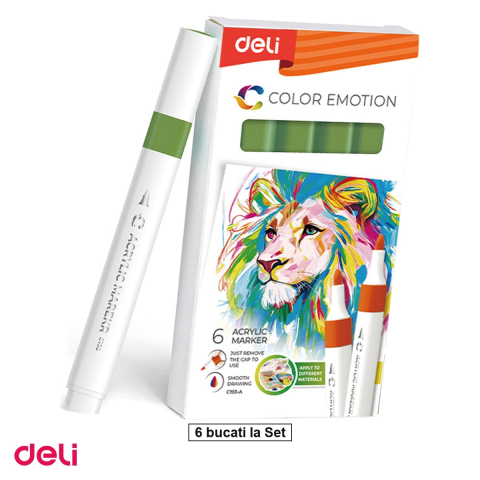 Handmade Creativ si Hobby - Set 6 markere cu varf rotund, Deli, acrilic muschi color emotion, scris verde
