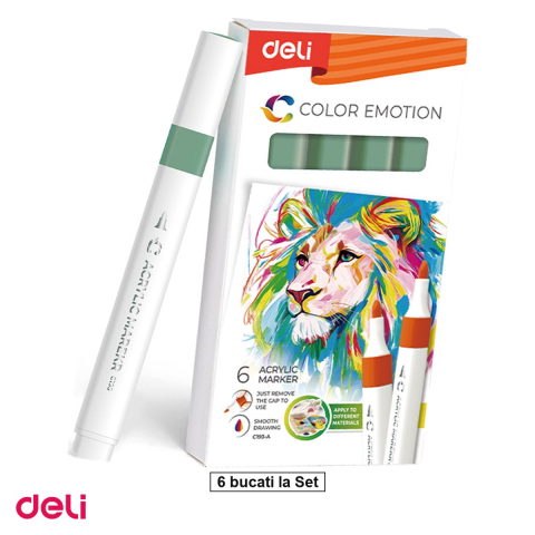 Handmade Creativ si Hobby - Set 6 markere cu varf rotund, Deli, acrilic pal color emotion, scris verde