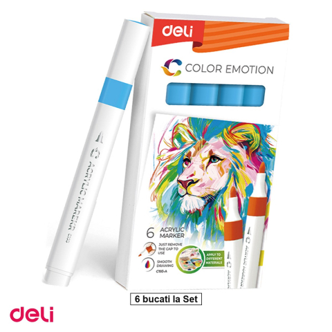 Handmade Creativ si Hobby - Set 6 markere cu varf rotund, Deli, acrilic pastel color emotion, scris albastru