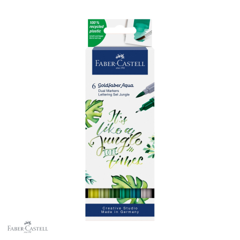 Markere - Set 6 markere solubile cu 2 capete Faber-Castell Goldfaber Lettering Jungle, varf pensula si varf fin, pentru desen si caligrafie