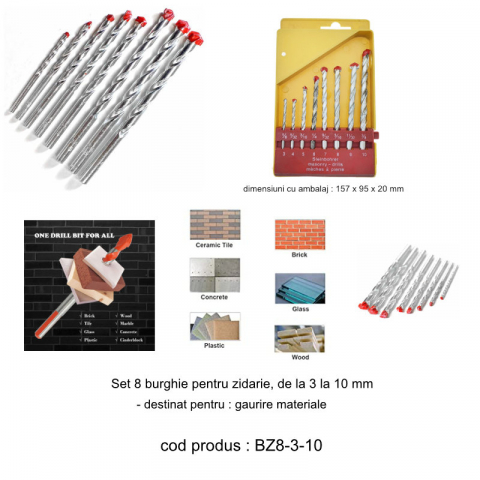 Set 8 burghie pentru zidarie, cu varf triunghiular, de la 3 la 10 mm, 30690 [3]