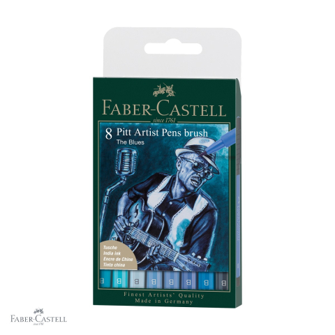 Markere si instrumente de desen artistic - Set 8 markere Pitt Artist Pen Faber-Castell, varf pensula, nuante albastre, pentru desen si ilustratie
