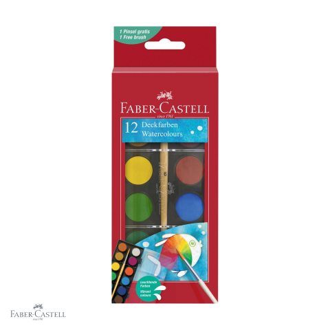 Birotica papetarie - Set acuarele 12 culori Faber-Castell, pastila 24 mm cu pensula inclusa, pentru scoala si desen