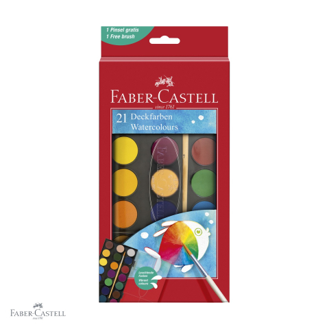 Birotica papetarie - Set acuarele Faber-Castell, 21 culori cu pastila de 30 mm, doua pensule incluse, pentru scoala si desen creativ