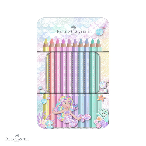 Birotica papetarie - Set cadou 10 creioane colorate jumbo Faber-Castell Sparkle, pastel, cutie metalica sirena, pentru copii
