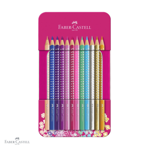 Birotica papetarie - Set cadou 12 creioane colorate Faber-Castell Sparkle, cu sclipici, cutie metalica fucsia, pentru copii