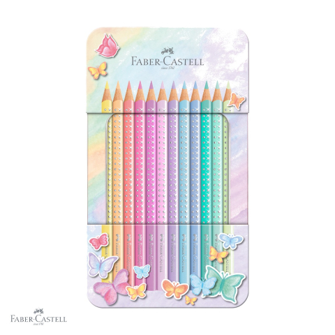 Birotica papetarie - Set cadou 12 creioane colorate pastel Faber-Castell Sparkle, cutie metalica, culori stralucitoare, pentru copii