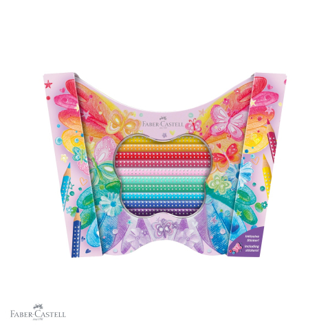 Birotica papetarie - Set cadou 20 creioane colorate Faber-Castell Sparkle Butterfly, standard si pastel, cutie metalica fluture pentru copii