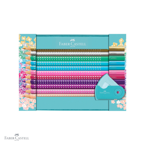 Birotica papetarie - Set cadou 20 creioane colorate Sparkle Faber-Castell cu ascutitoare, pentru fetite