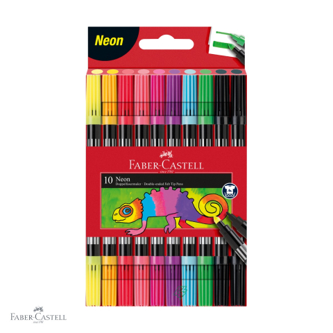 Birotica papetarie - Set carioci Faber-Castell cu 2 capete, 10 culori neon, varf gros si subtire, pentru copii si scoala