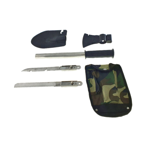 Set cazma, topor, cutit si fierastrau, cu coada metalica 340x30mm cu maner si husa cu prindere la centura [15]