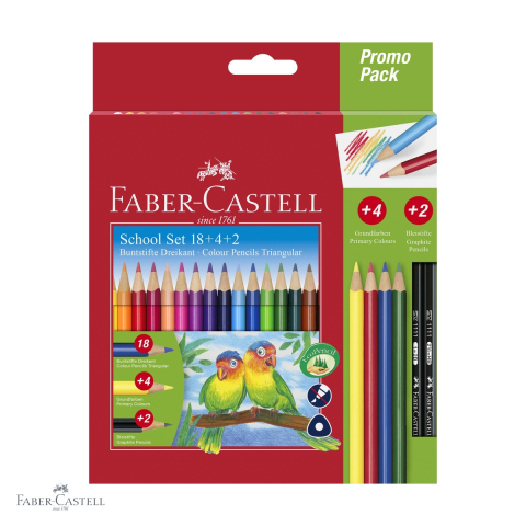 Birotica papetarie - Set creioane colorate triunghiulare Faber-Castell, 18 culori + 4 bonus + 2 creioane grafit, pentru copii