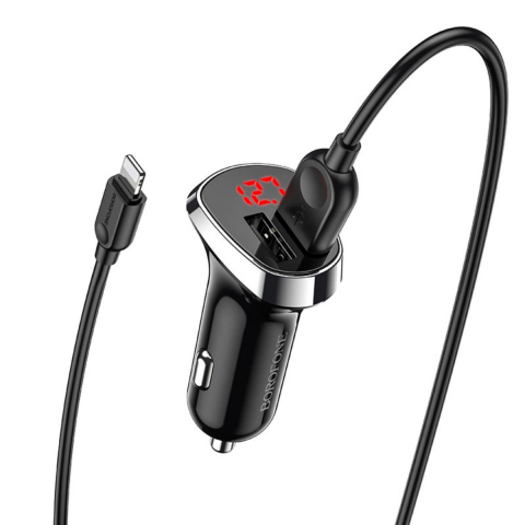 Incarcator auto - Set incarcator auto dual USB, Borofone BZ15, cu cablu 8-pin Lightning 1m, cu afisaj LED, DC 12-24V, 5V 2.4 A, negru