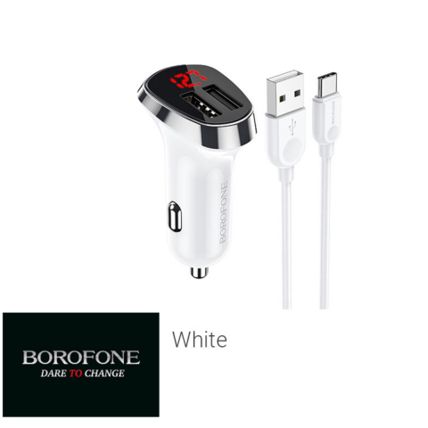 Set incarcator auto dual USB, cu afisaj LED, Borofone BZ15, cu cablu USB Tip C 1m, DC 12-24V, 5V 2.4 A, alb [8]