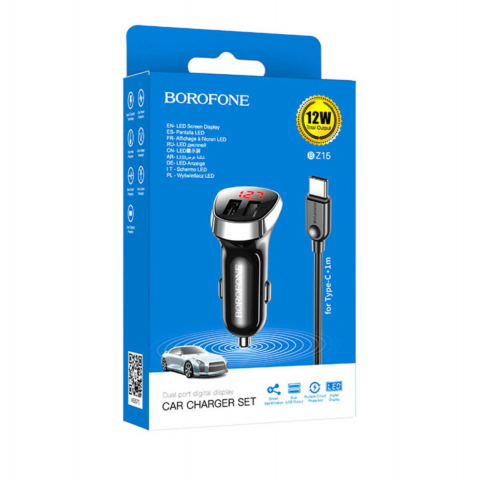 Set incarcator auto dual USB, cu afisaj LED, Borofone BZ15, cu cablu USB Tip C 1m, DC 12-24V, 5V 2.4 A, negru [12]