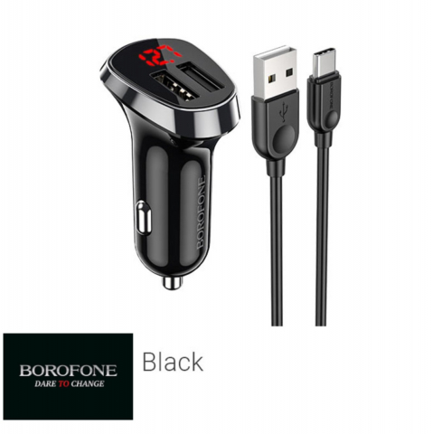 Set incarcator auto dual USB, cu afisaj LED, Borofone BZ15, cu cablu USB Tip C 1m, DC 12-24V, 5V 2.4 A, negru [1]