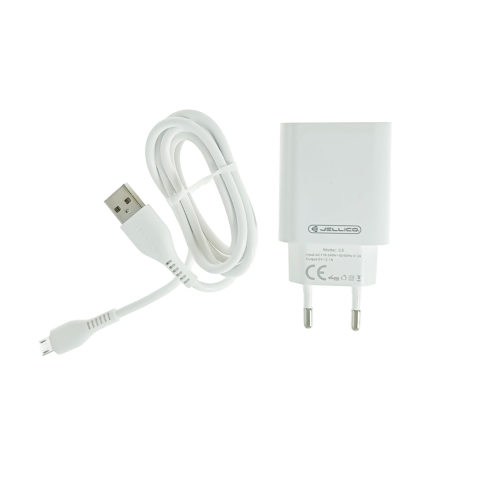 Incarcator priza retea - Set incarcator cu un port USB, de retea, cu cablu micro USB lungime 1m, 5V, 2.1A, Jellico C5 64567, alb