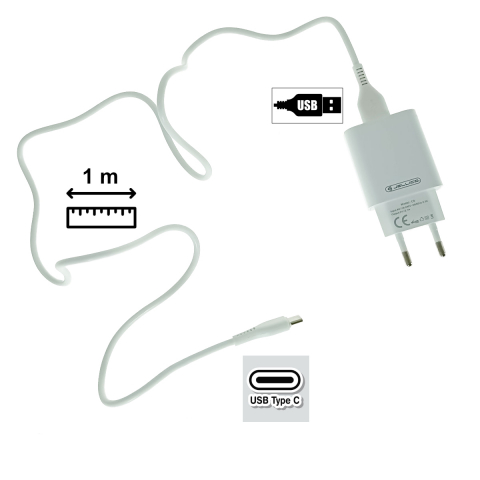 Set incarcator cu un port USB, de retea, cu cablu USB-C lungime 1m, 5V, 2.1A, Jellico C5 64568, alb [2]