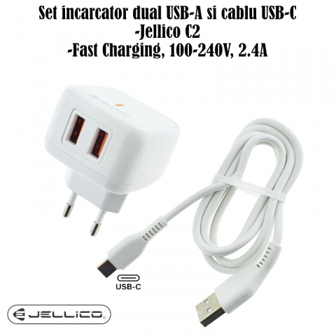 Set incarcator dual USB-A si cablu USB-C, 2.4A, Jellico C2 10146, Fast Charging, 100-240V, indicator LED, alb [5]